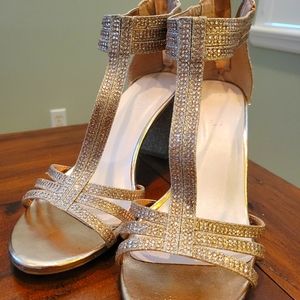 Sparkly jeweled rose gold block sandals perfect for wedding or any fun occassion